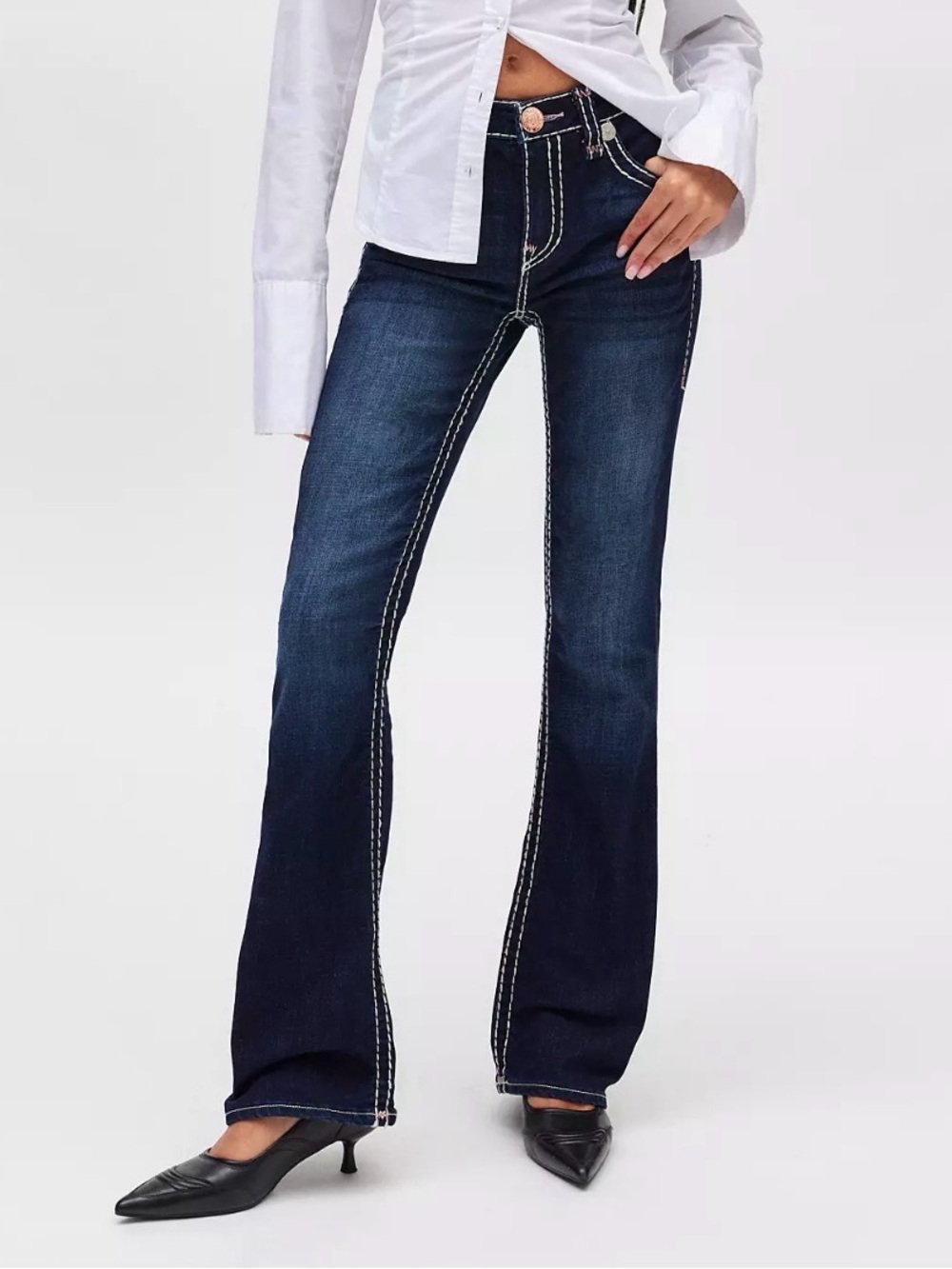 True Religion Low-Rise Dark Blue Flare Jeans with Contrast Stitching
